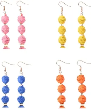 Colorful Long Natural Rattan Raffia Ball Drop Dangle Earrings Boho Handwoven Braid Straw Wicker Beaded for Women Handmade Bohemian Summer Beach Holiday Jewelry