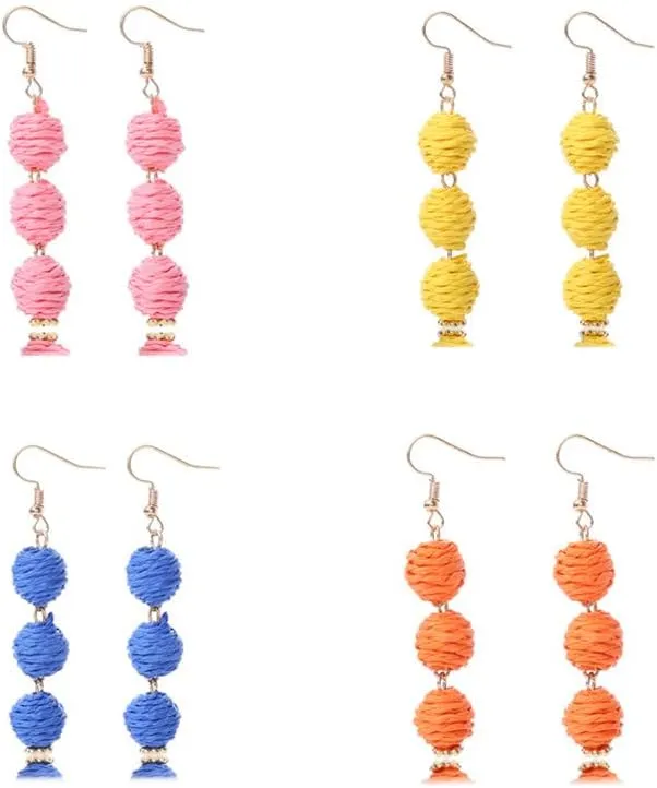 Colorful Long Natural Rattan Raffia Ball Drop Dangle Earrings Boho Handwoven Braid Straw Wicker Beaded for Women Handmade Bohemian Summer Beach Holiday Jewelry