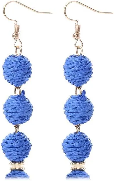 Colorful Long Natural Rattan Raffia Ball Drop Dangle Earrings Boho Handwoven Braid Straw Wicker Beaded for Women Handmade Bohemian Summer Beach Holiday Jewelry