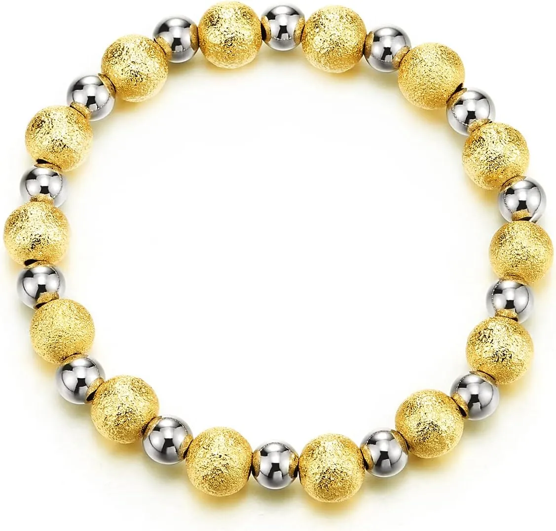 COOLSTEELANDBEYOND Gold Color Satin Beads and Silver Shiny Beads Bracelet for Women Men