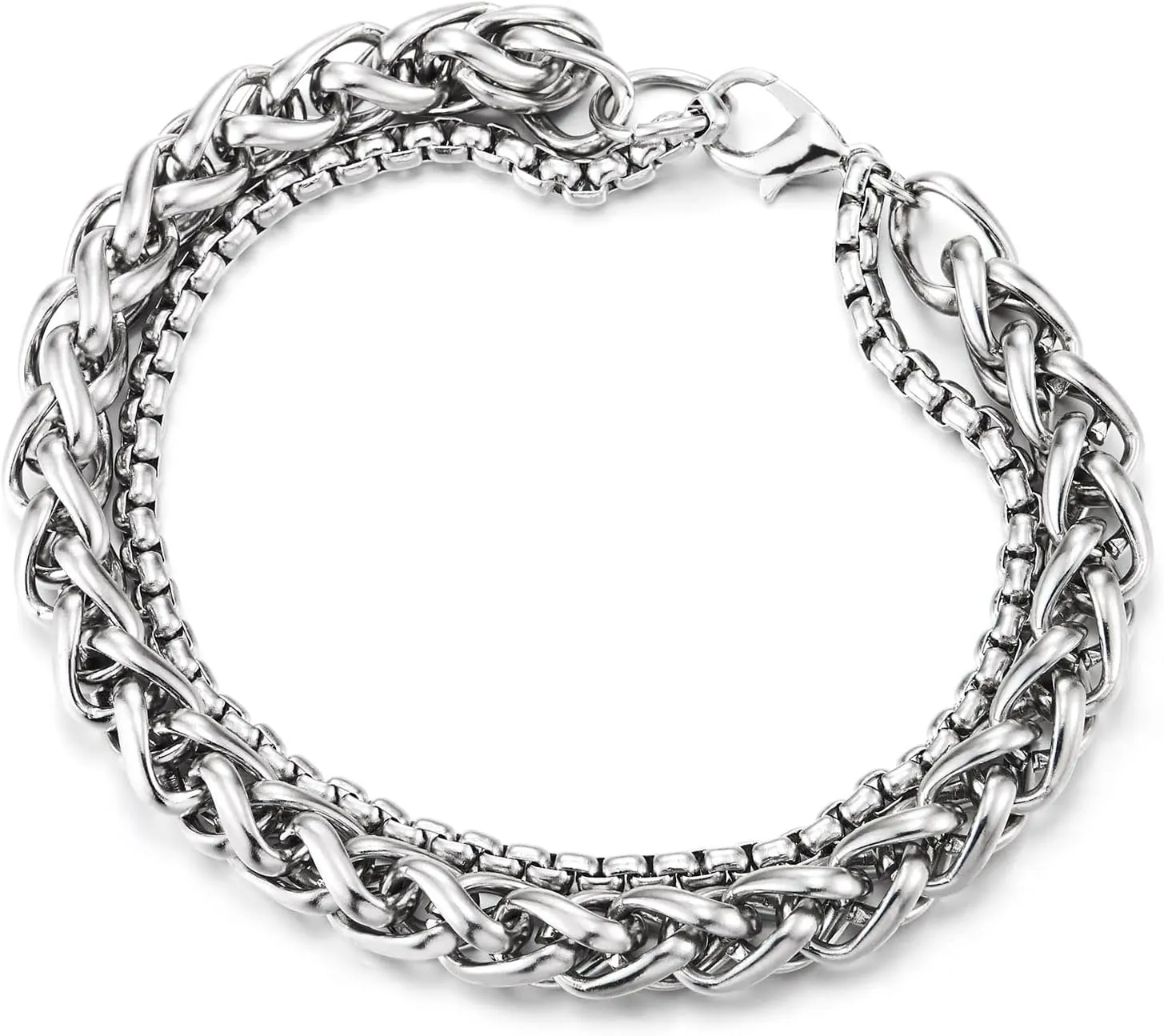 COOLSTEELANDBEYOND Mens Stainless Steel Double Chain Bracelet, Wheat Chain Box Chain Layered Design, Two-row, Modern