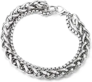 COOLSTEELANDBEYOND Mens Stainless Steel Double Chain Bracelet, Wheat Chain Box Chain Layered Design, Two-row, Modern