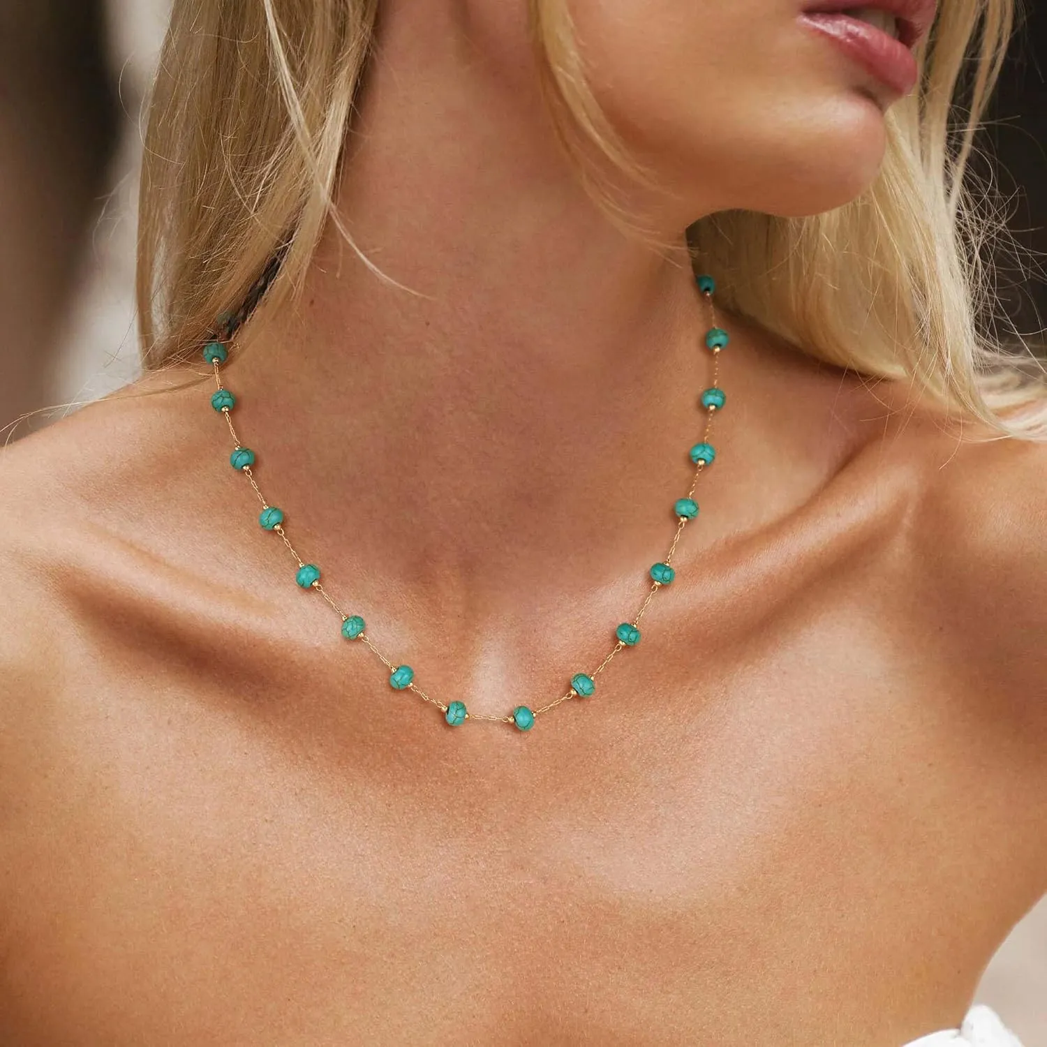 Created Turquoise Necklace for Women 14K Gold Plated Beaded Heart Choker Boho Necklaces Handmade Beach Summer Everyday Gold Jewelry Gifts