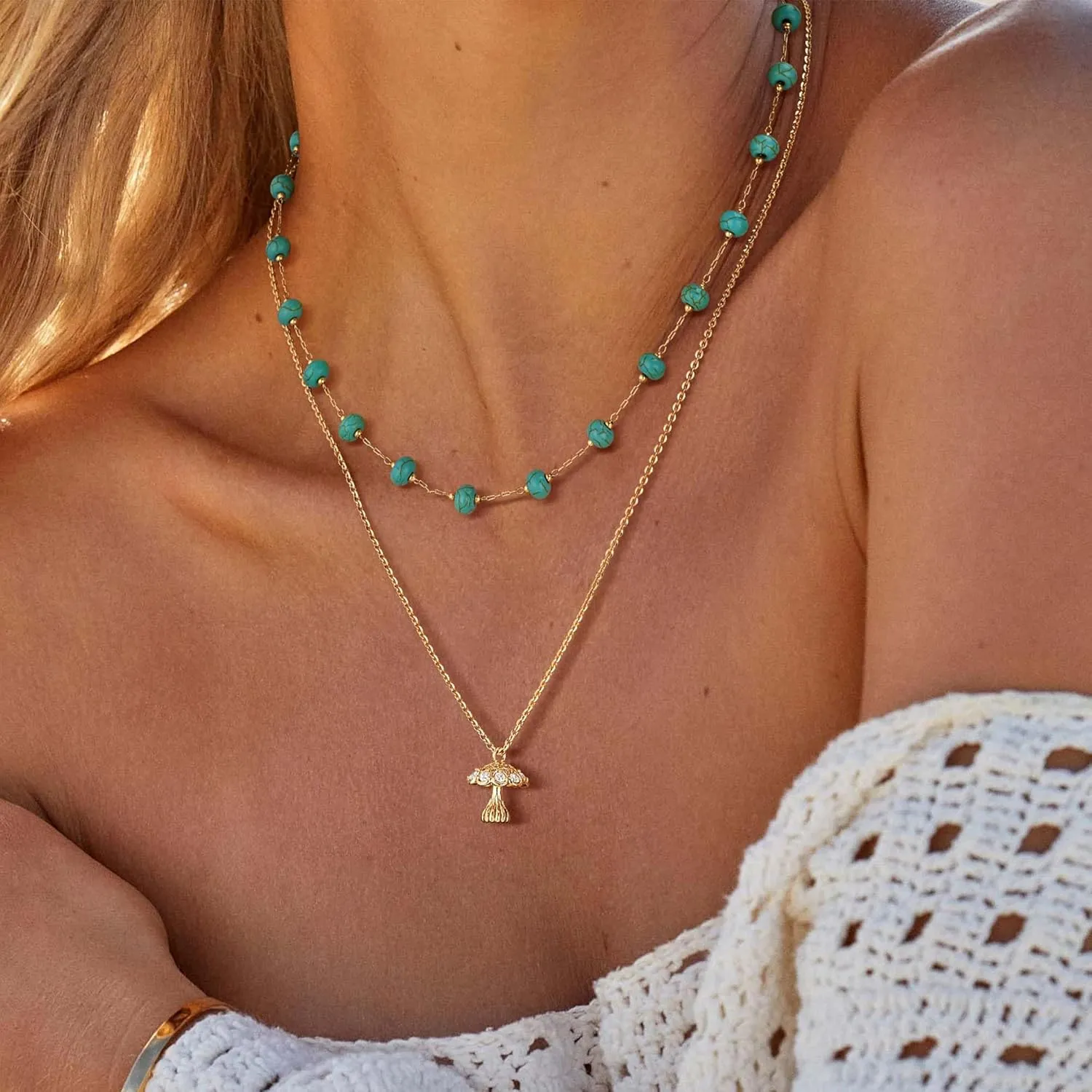 Created Turquoise Necklace for Women 14K Gold Plated Beaded Heart Choker Boho Necklaces Handmade Beach Summer Everyday Gold Jewelry Gifts