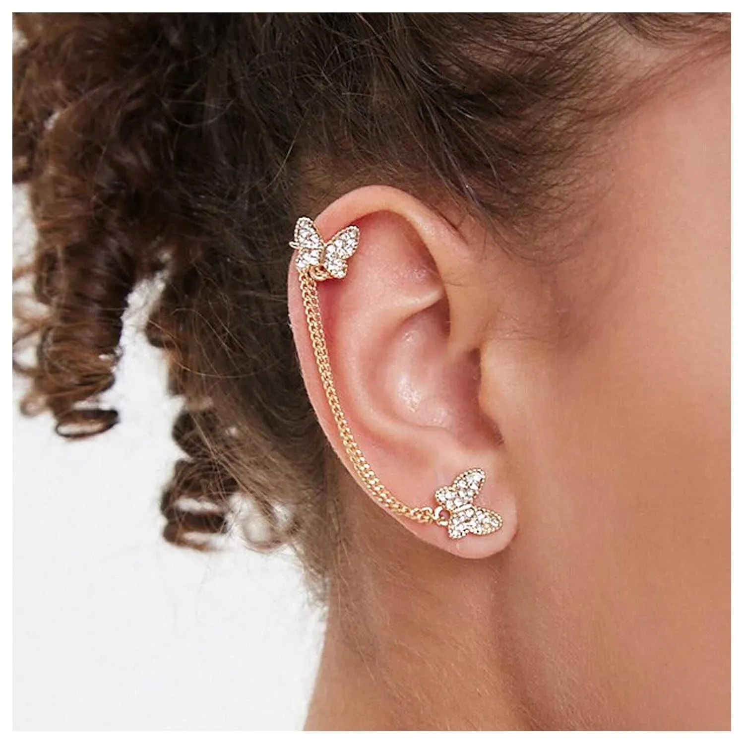 Crystal Butterfly Ear Cuff Wrap Earrings Chain Ear Clip Earrings Gold Butterfly Cartilage Wrap Earrings CZ Butterfly Climber Cuff Earrings Jewelry for Women