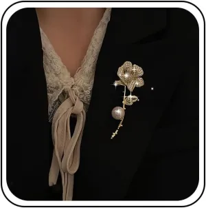 Crystal Flower Brooch Pin Gold Pearl Floral Brooch Metal Flower Rose Brooches Zirconia Flower Lapel Pin Floral Cardigan Clip Rose Brooch Clothing Decorative