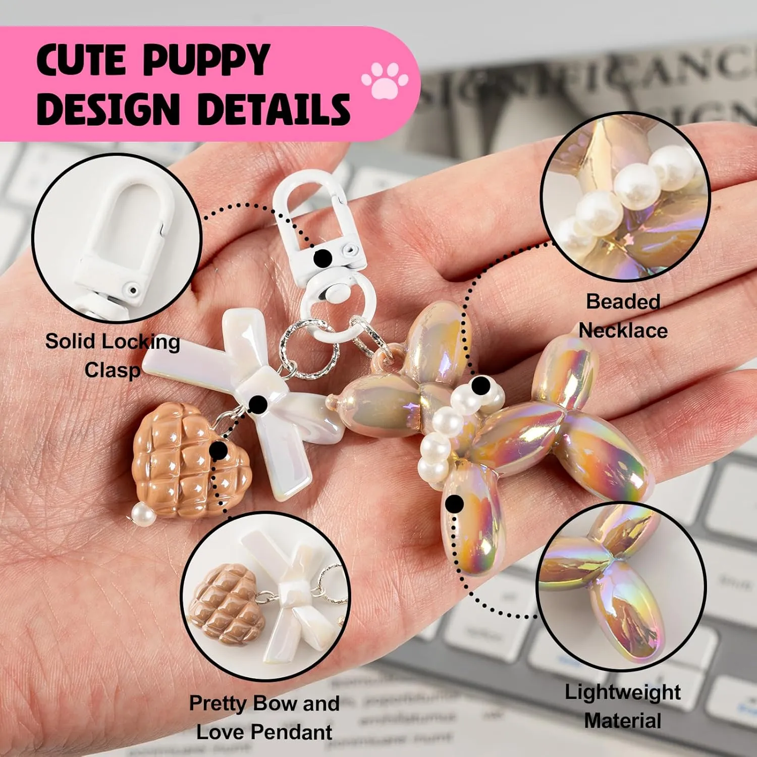 Cute Balloon Dog Design Keychain for Women, Shiny keychain with Love PendantCartoon Car Keychain