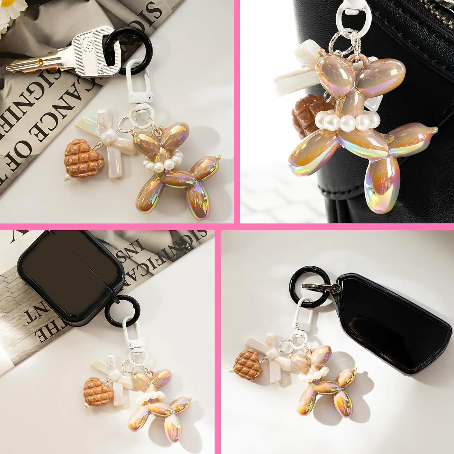 Cute Balloon Dog Design Keychain for Women, Shiny keychain with Love PendantCartoon Car Keychain