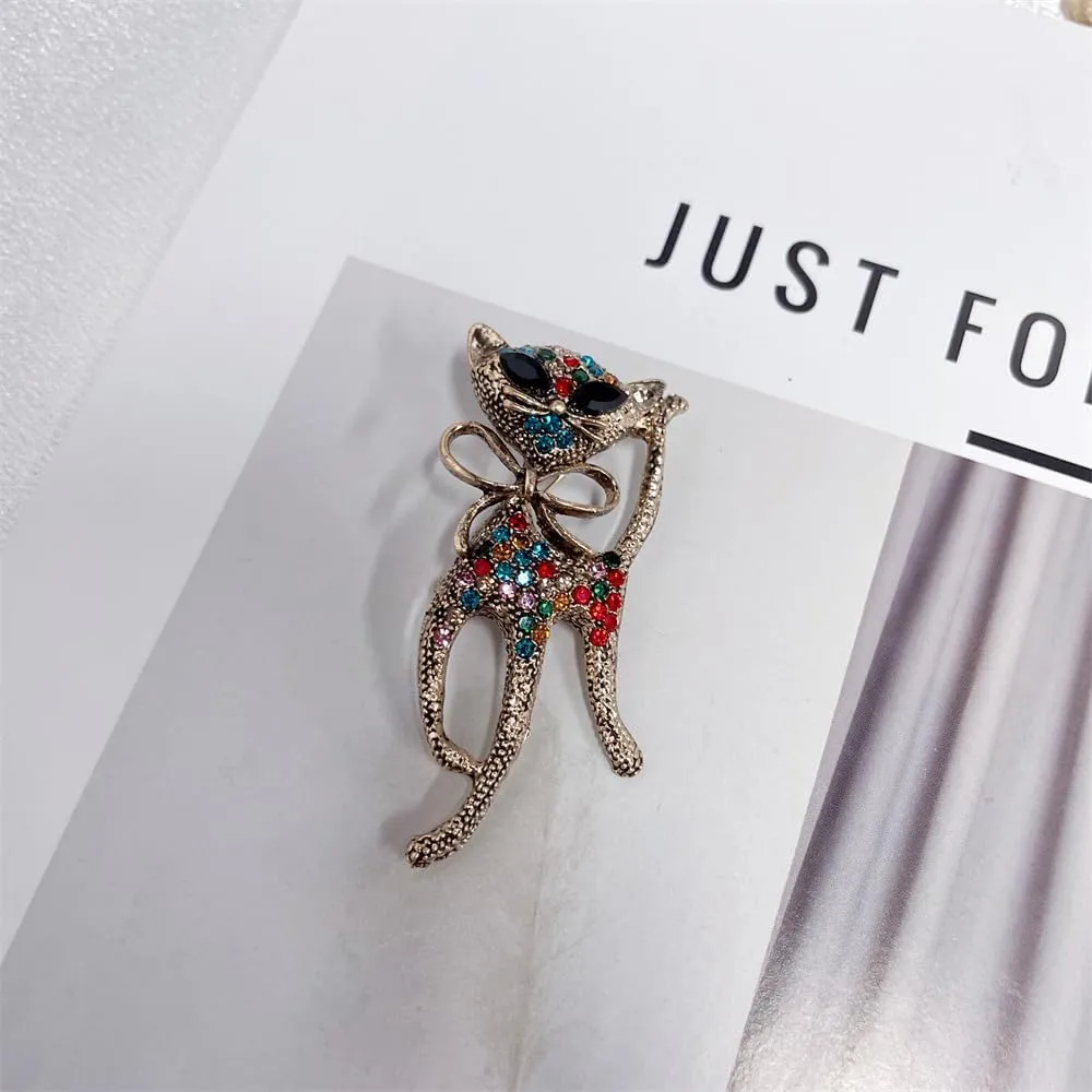Cute Cat Rhinestones Brooch Pin for Women Men Girls Fashion Vintage Cute Sparkly Crystals Animal Pet Lovers Brooches Lapel Pins Suit Dress Accessories Hat Bag Christmas Birthday Party Jewelry Gift Daughter Her 55mm
