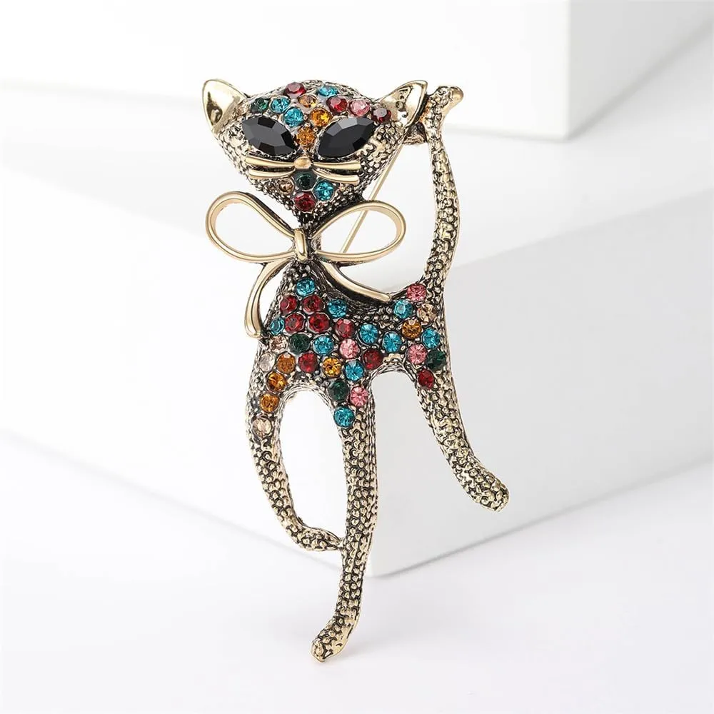 Cute Cat Rhinestones Brooch Pin for Women Men Girls Fashion Vintage Cute Sparkly Crystals Animal Pet Lovers Brooches Lapel Pins Suit Dress Accessories Hat Bag Christmas Birthday Party Jewelry Gift Daughter Her 55mm