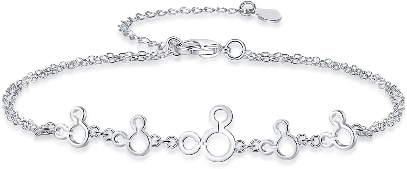 Dainty 925 Sterling Silver Ankle Bracelet Cute Mickey Anklet Tassel Foot Chain Layered Adjustable Chain Beach Barefoot Foot Jewelry For Women Gifts