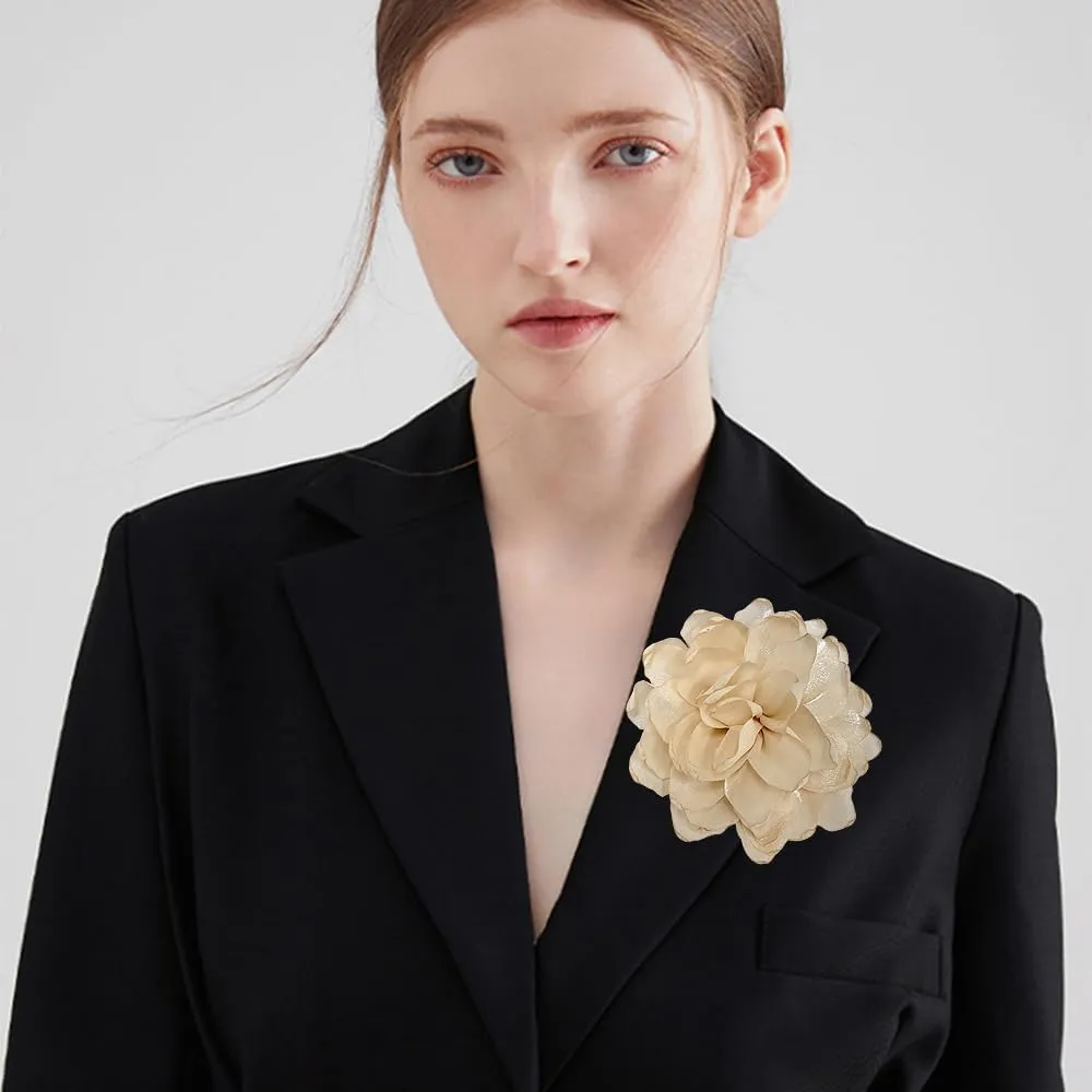 Dainty Camellia Flower Large Brooch Lapel Pins Handmade Fabric Flower Brooches Pin Classic for Wedding Party Dance Banquet for Women Men Dress Suit Clothes Accessories Jewelry Gifts 100mm