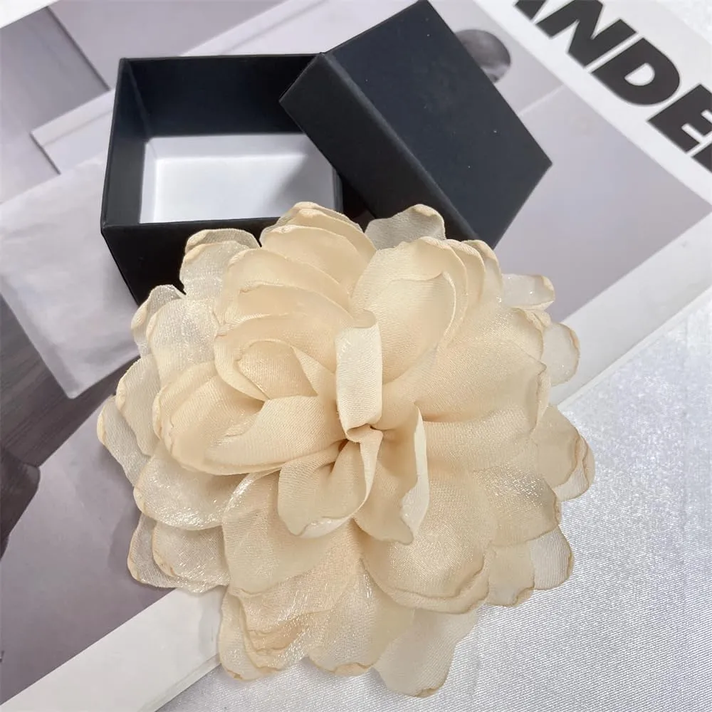 Dainty Camellia Flower Large Brooch Lapel Pins Handmade Fabric Flower Brooches Pin Classic for Wedding Party Dance Banquet for Women Men Dress Suit Clothes Accessories Jewelry Gifts 100mm