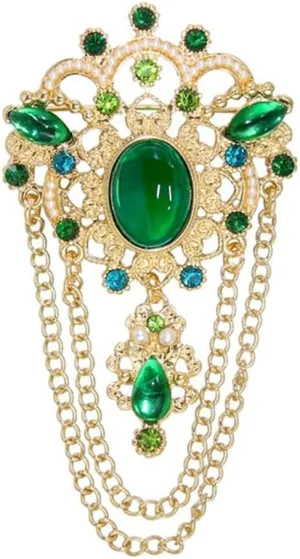 Dainty Emerald Green CZ Tassel Drop Brooch Lapel Pins for Women Vintage Antique Gold Pearl Rhinestones Flower Brooches Pin for Dress Suit Clothes Accessories Fashion Jewelry