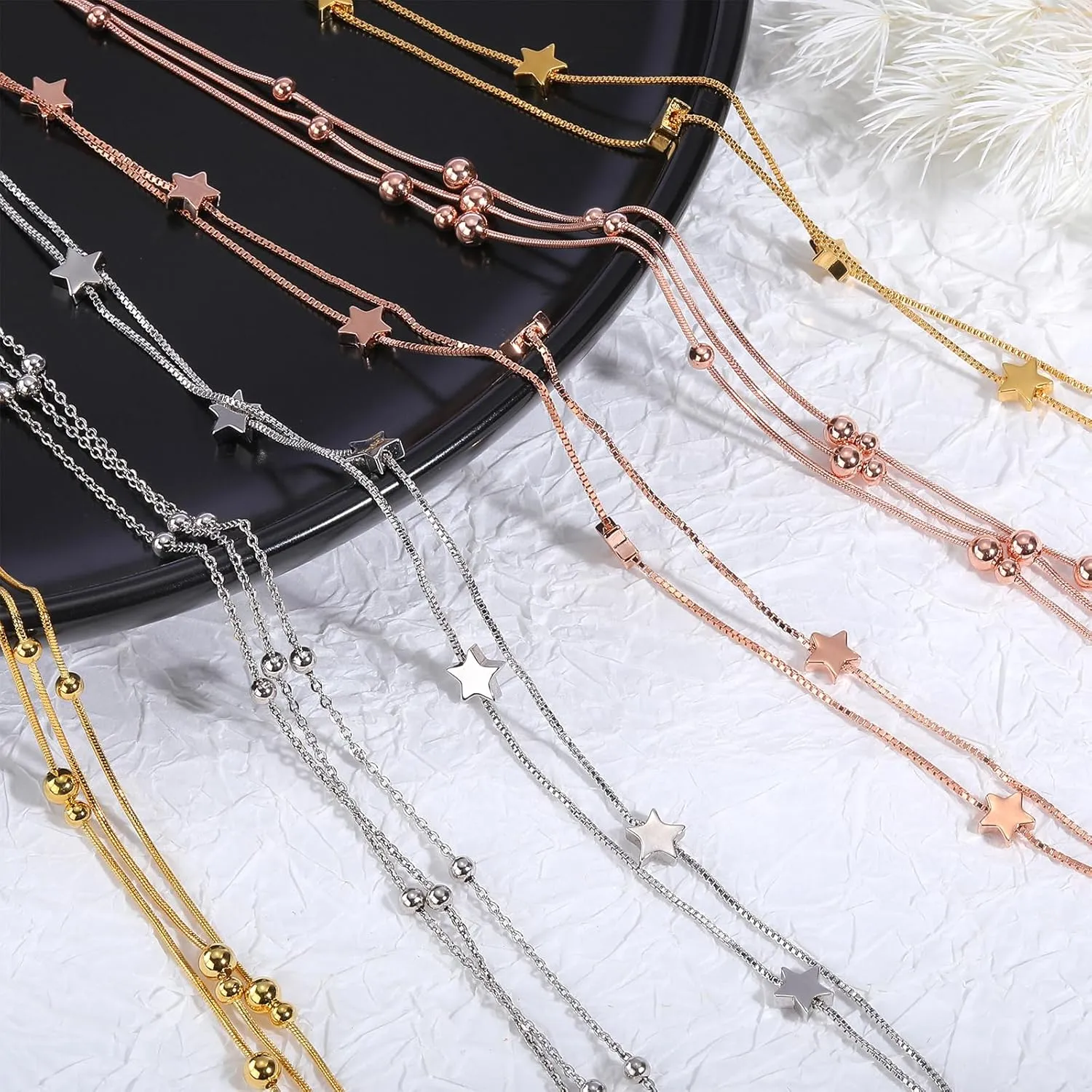 Dainty Gold/Rose/Platinum Gold Double Chain Beads Ankle 925 Sterling Silver Anklet Bracelets for Women Adjustable Minimalist Foot Chain Jewelry for Women