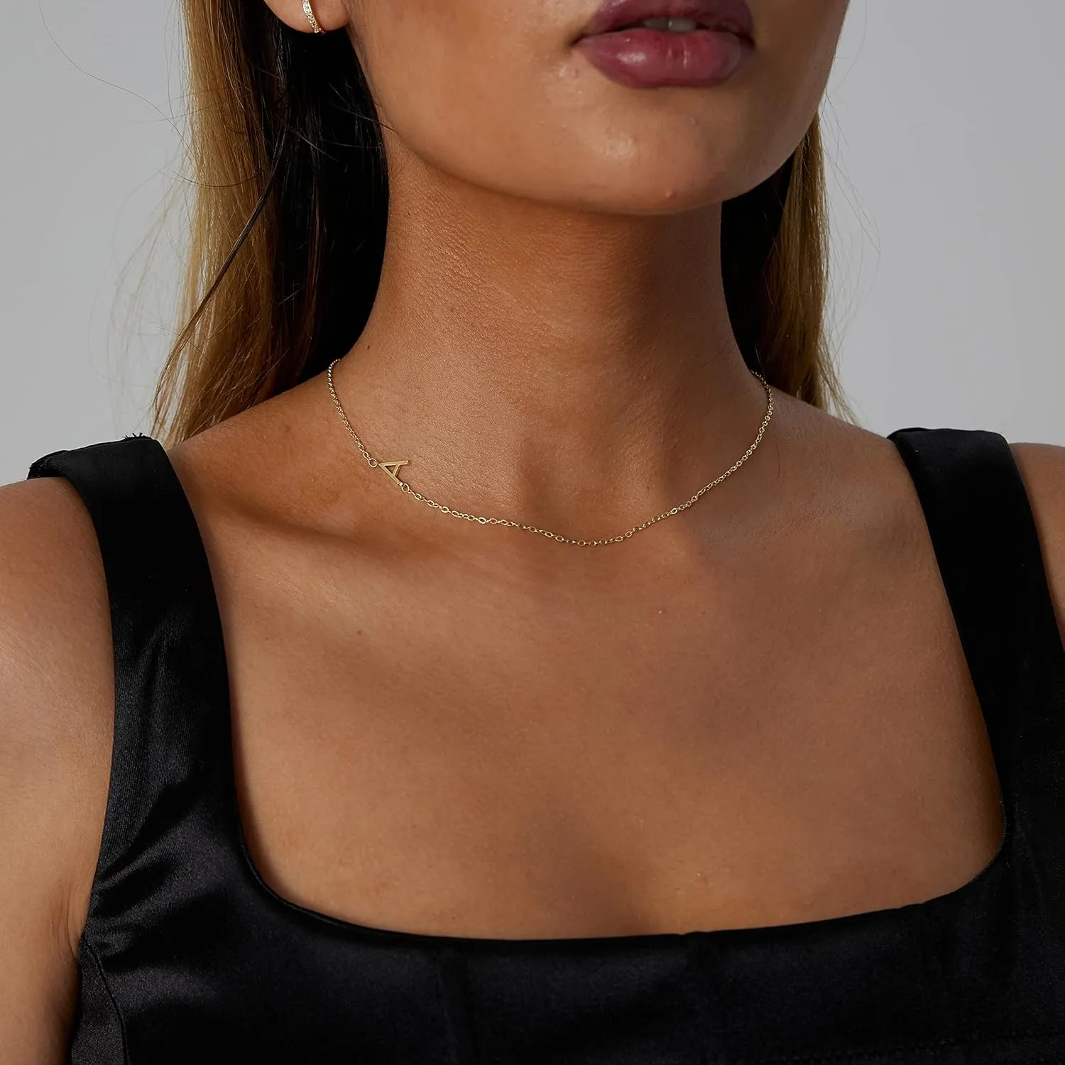 Dainty Initial Necklaces for Women 14K Gold Plated Sideways Initial Necklace Personalized Letter Necklace Everyday Jewelry Gift