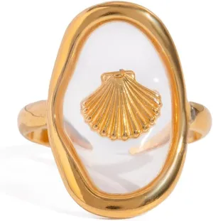 Dainty Seashell Open Adjustable Band Ring for Women Stainless Steel Statement Fashion Natural Shell Comfort Fit Stacking Knuckle Middle Thumb Finger Rings Summer Beach Sea Ocean Holiday Jewelry Gift