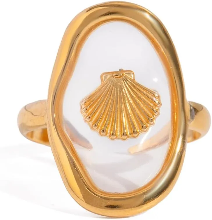 Dainty Seashell Open Adjustable Band Ring for Women Stainless Steel Statement Fashion Natural Shell Comfort Fit Stacking Knuckle Middle Thumb Finger Rings Summer Beach Sea Ocean Holiday Jewelry Gift