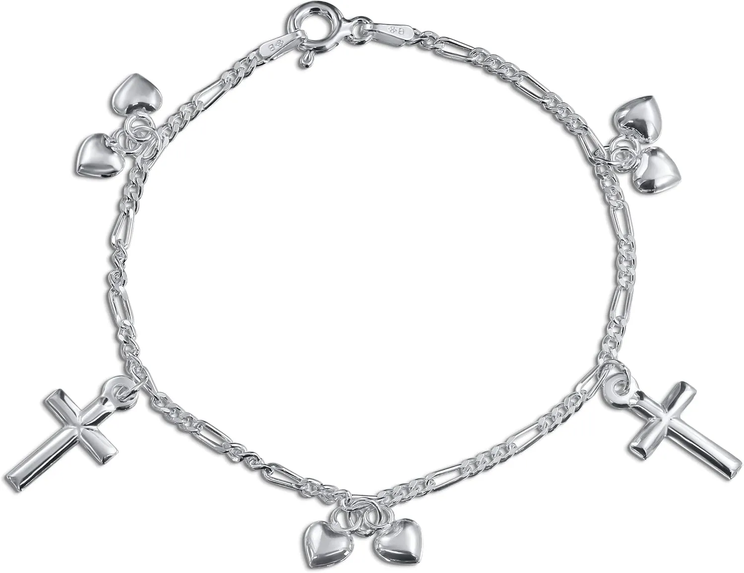 Dainty Traditional Christian Religious 5 Multi Dangling Cross Charm Bracelet For Teen Women Figaro Chain Polished .925 Sterling Silver 7 Inch Wrist