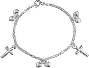 Dainty Traditional Christian Religious 5 Multi Dangling Cross Charm Bracelet For Teen Women Figaro Chain Polished .925 Sterling Silver 7 Inch Wrist