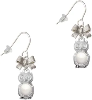 Delight Jewelry Silvertone 3-D Imitation Pearl & Clear Crystal Owl Silvertone Bow French Earrings