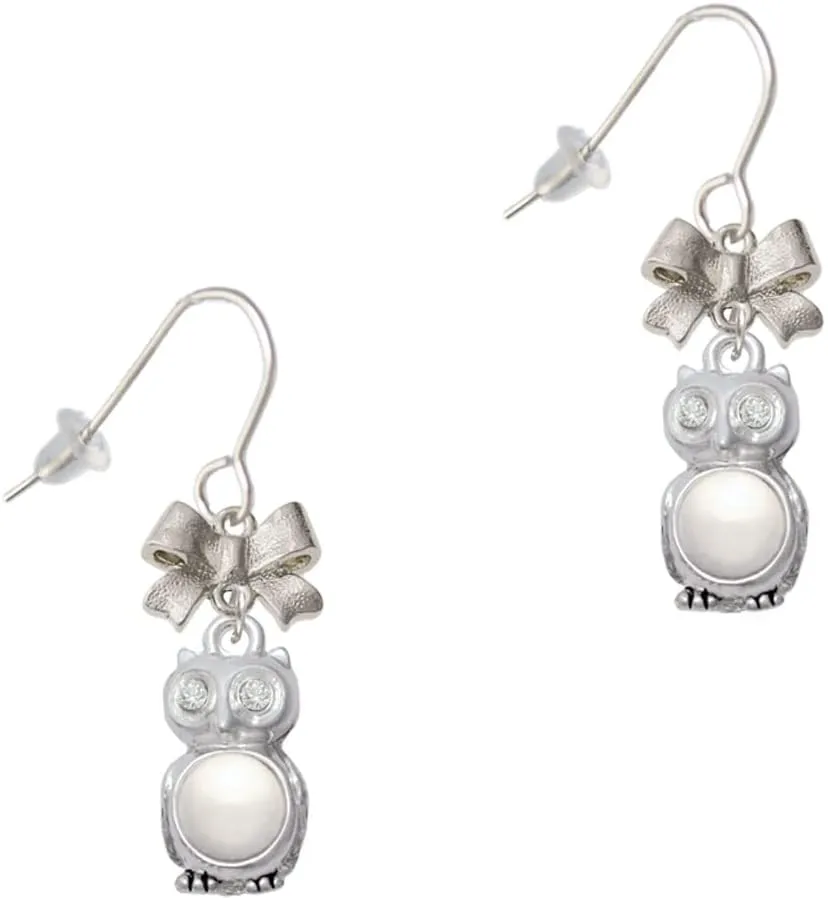 Delight Jewelry Silvertone 3-D Imitation Pearl & Clear Crystal Owl Silvertone Bow French Earrings