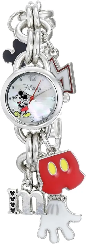 Disney Mickey Mouse Kids Charm Bracelet Watch with Printed Mickey Dial and Playful Character Charms  Silver Finish Chain Links  Fits Wrists from 5.5" to 8"