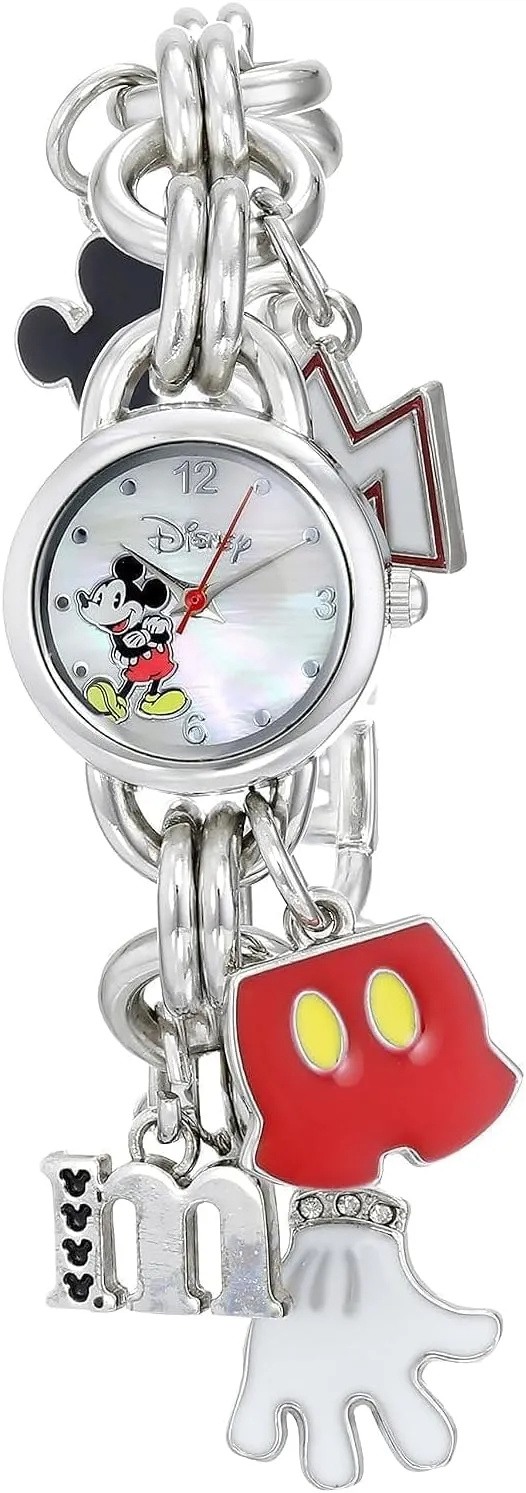 Disney Mickey Mouse Kids Charm Bracelet Watch with Printed Mickey Dial and Playful Character Charms  Silver Finish Chain Links  Fits Wrists from 5.5" to 8"