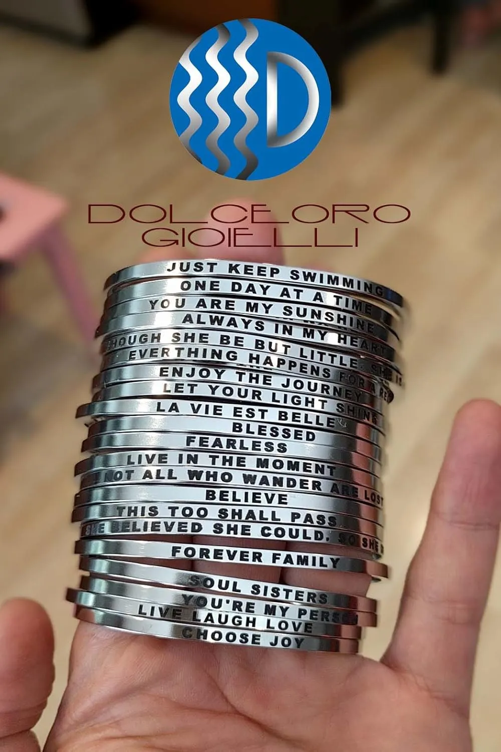 Dolceoro Personalized Inspirational Mantra Cuff Bracelet Jewelry, 3mm Wide Shiny 316L Surgical Steel