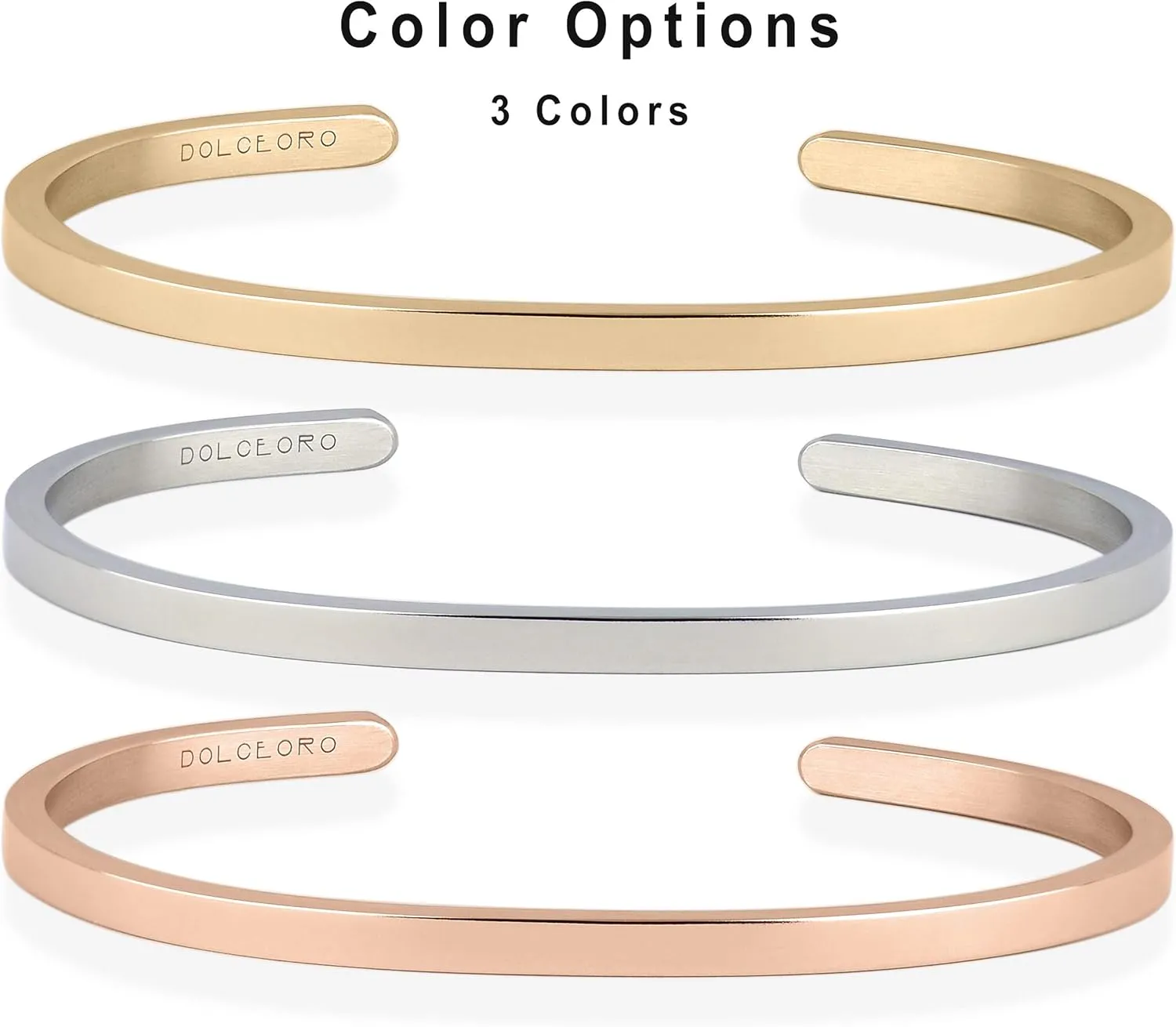Dolceoro Personalized Inspirational Mantra Cuff Bracelet Jewelry, 3mm Wide Shiny 316L Surgical Steel