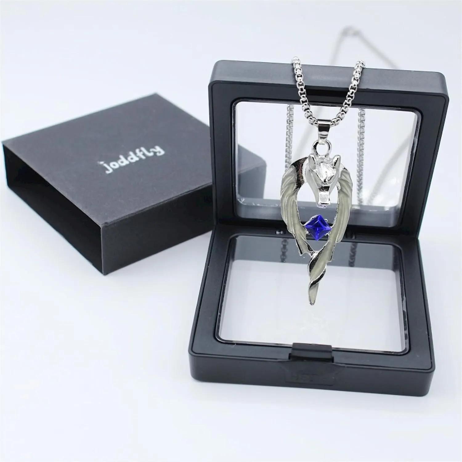 Dragon and Wolf Pendant Necklace, Night Light Flame Design, Stainless Steel Men's, Silver, 24 inches