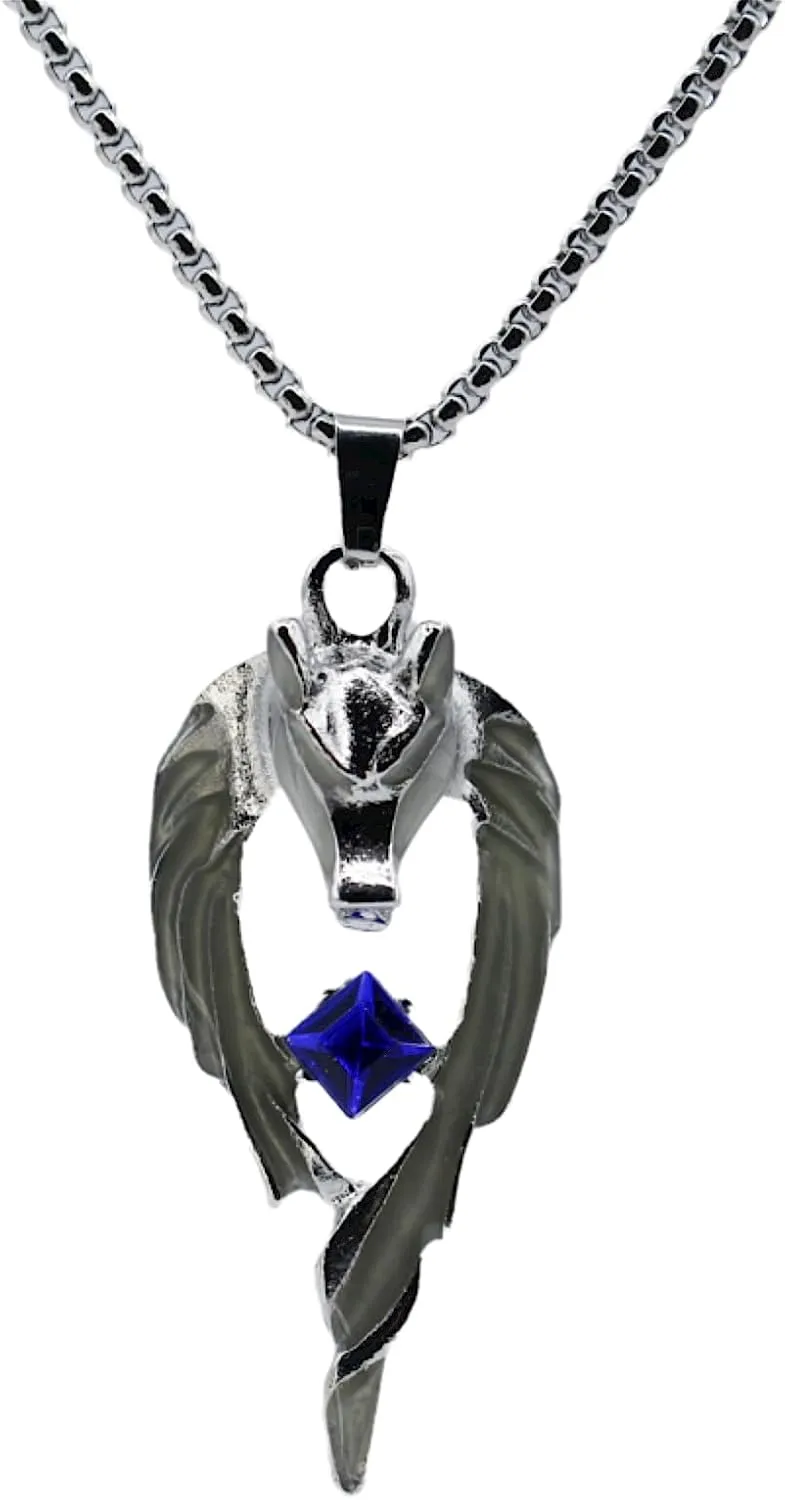 Dragon and Wolf Pendant Necklace, Night Light Flame Design, Stainless Steel Men's, Silver, 24 inches