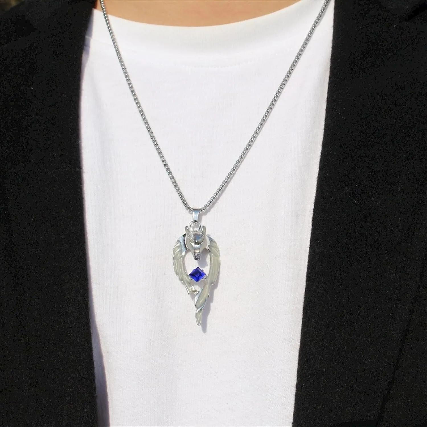 Dragon and Wolf Pendant Necklace, Night Light Flame Design, Stainless Steel Men's, Silver, 24 inches