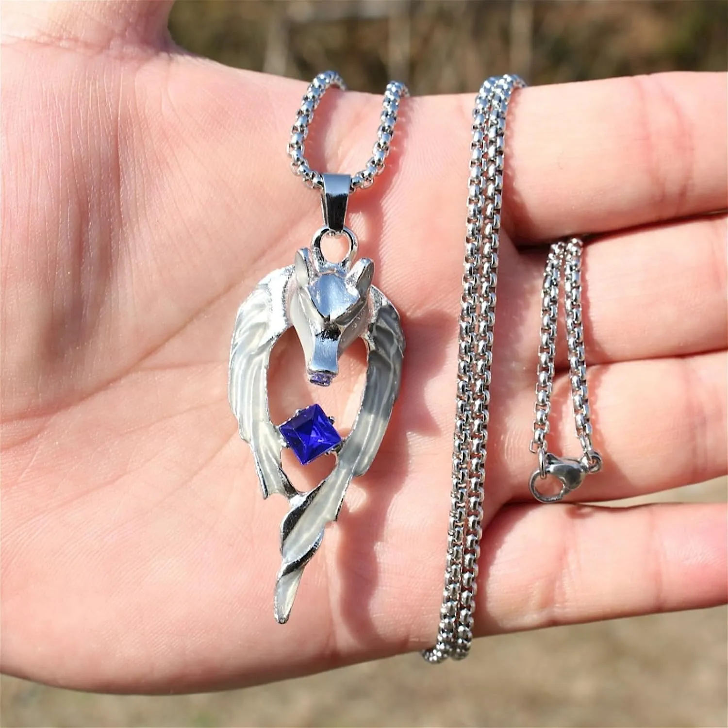 Dragon and Wolf Pendant Necklace, Night Light Flame Design, Stainless Steel Men's, Silver, 24 inches