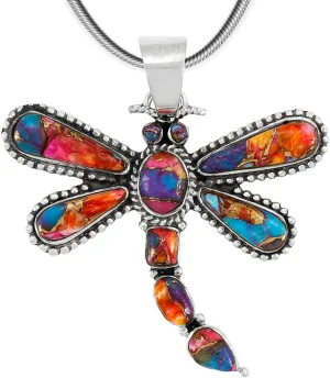 Dragonfly Turquoise Pendant Necklace 20" Sterling Silver 925 Genuine Gemstones (Choose Color)