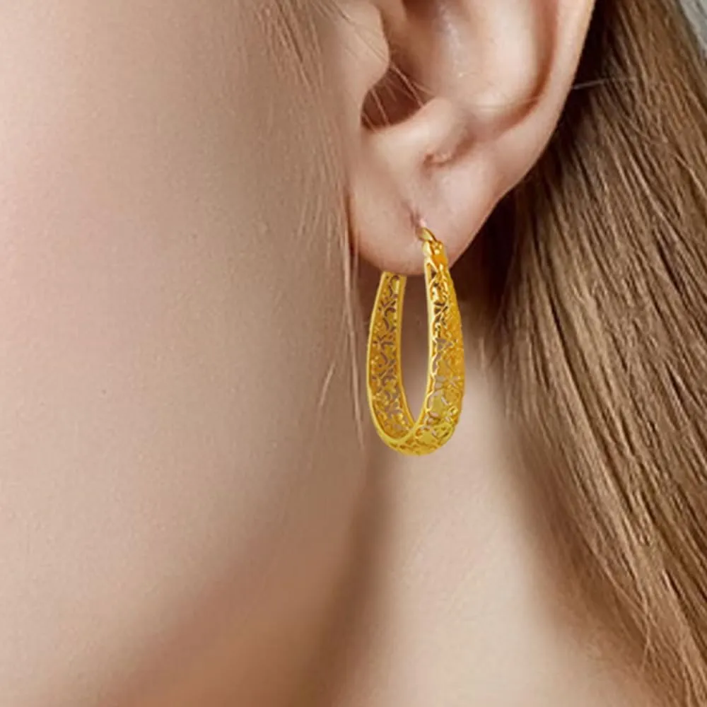 Dwen W 14K Gold-plated oval filigree hoop earrings retro-style hypoallergenic gift