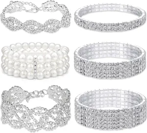 EIELO 6 Pcs Rhinestone Stretch Bracelet for Women Sparkly Clear Crystal Wedding Bridal Bridesmaid Stretch Bracelet Jewelry Stackable Elastic Pearl Multilayer Strand Link Tennis Bracelets Set