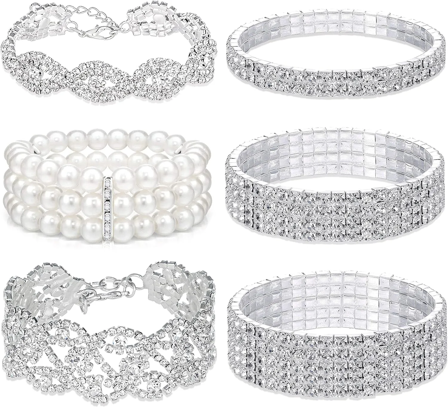 EIELO 6 Pcs Rhinestone Stretch Bracelet for Women Sparkly Clear Crystal Wedding Bridal Bridesmaid Stretch Bracelet Jewelry Stackable Elastic Pearl Multilayer Strand Link Tennis Bracelets Set