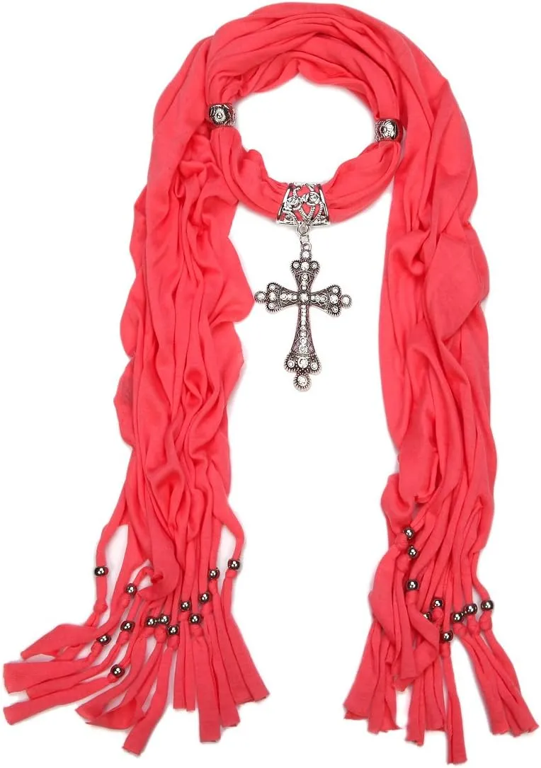 Elegant Cross Charm Pendant Jewelry Necklace Scarf - Diff. Colors Available