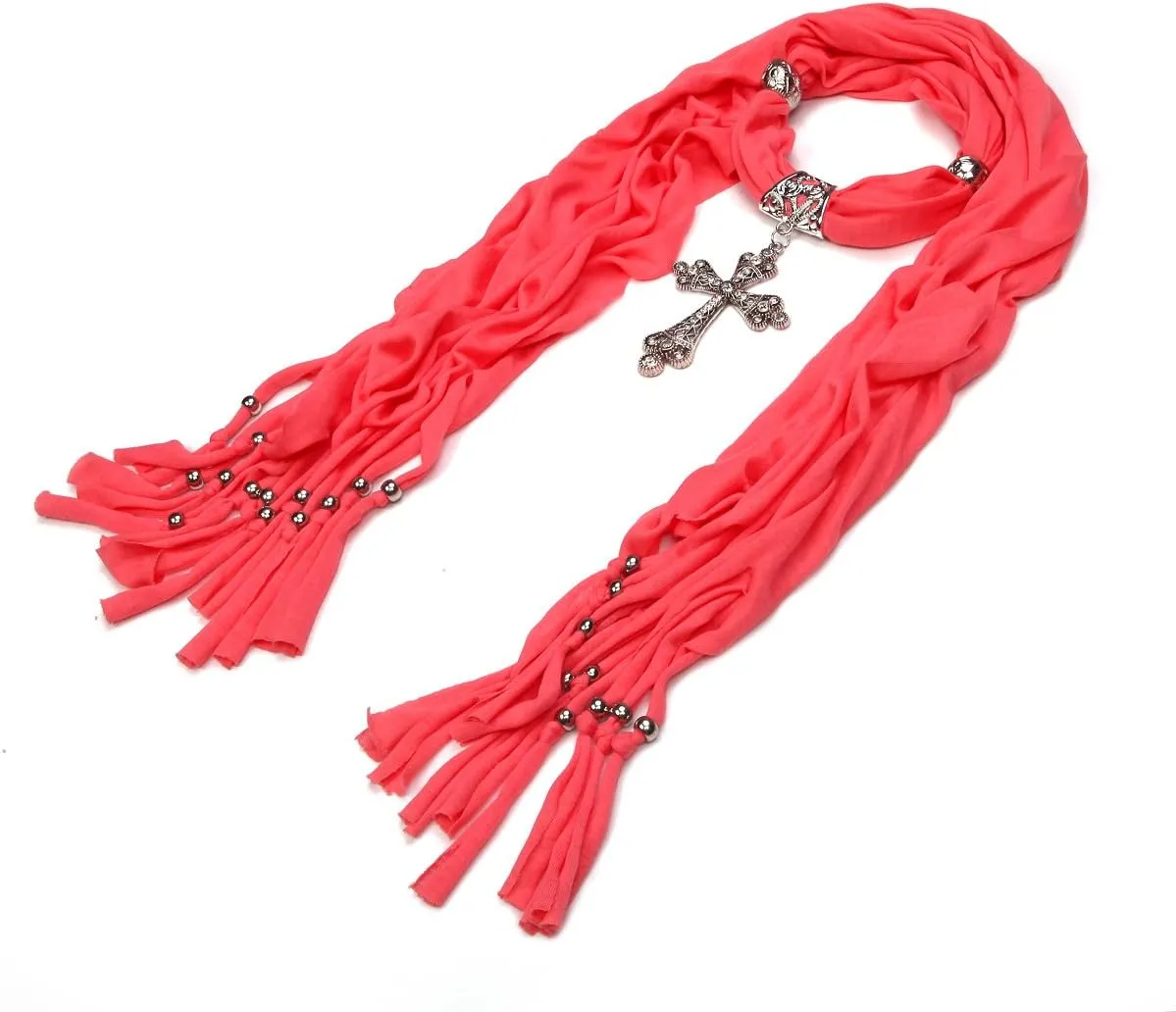 Elegant Cross Charm Pendant Jewelry Necklace Scarf - Diff. Colors Available