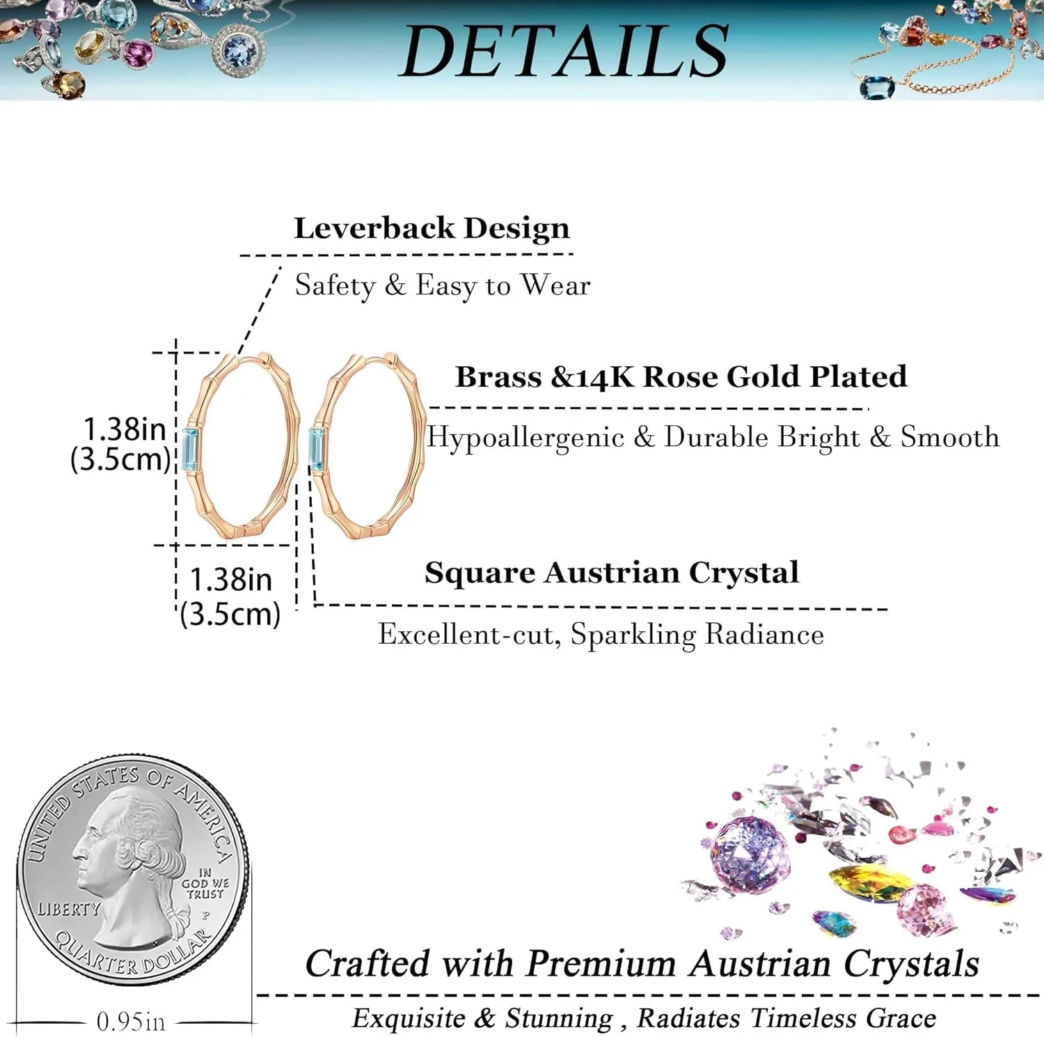 EVEVIC Austrian Crystal Lightweight Bamboo Gold Hoop Earrings for Women 14K Rose Gold Plated Hypoallergenic Earring Jewelry Gift