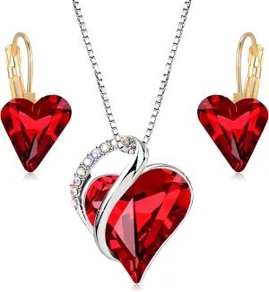EVEVIC Trendy Austrian Crystal Heart Drop Leverback Earrings and Pendant Necklaces for Women 14K Rose Gold Plated Hypoallergenic Jewelry Gifts