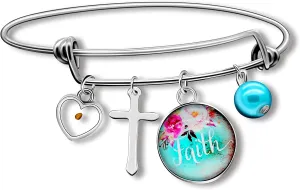 Expandable Faith Heart Bangle Bracelet Stainless Steel Cross Mustard Seed Pendant Cuff Bangles for Women Teen Girls 2.5 Inches Y740