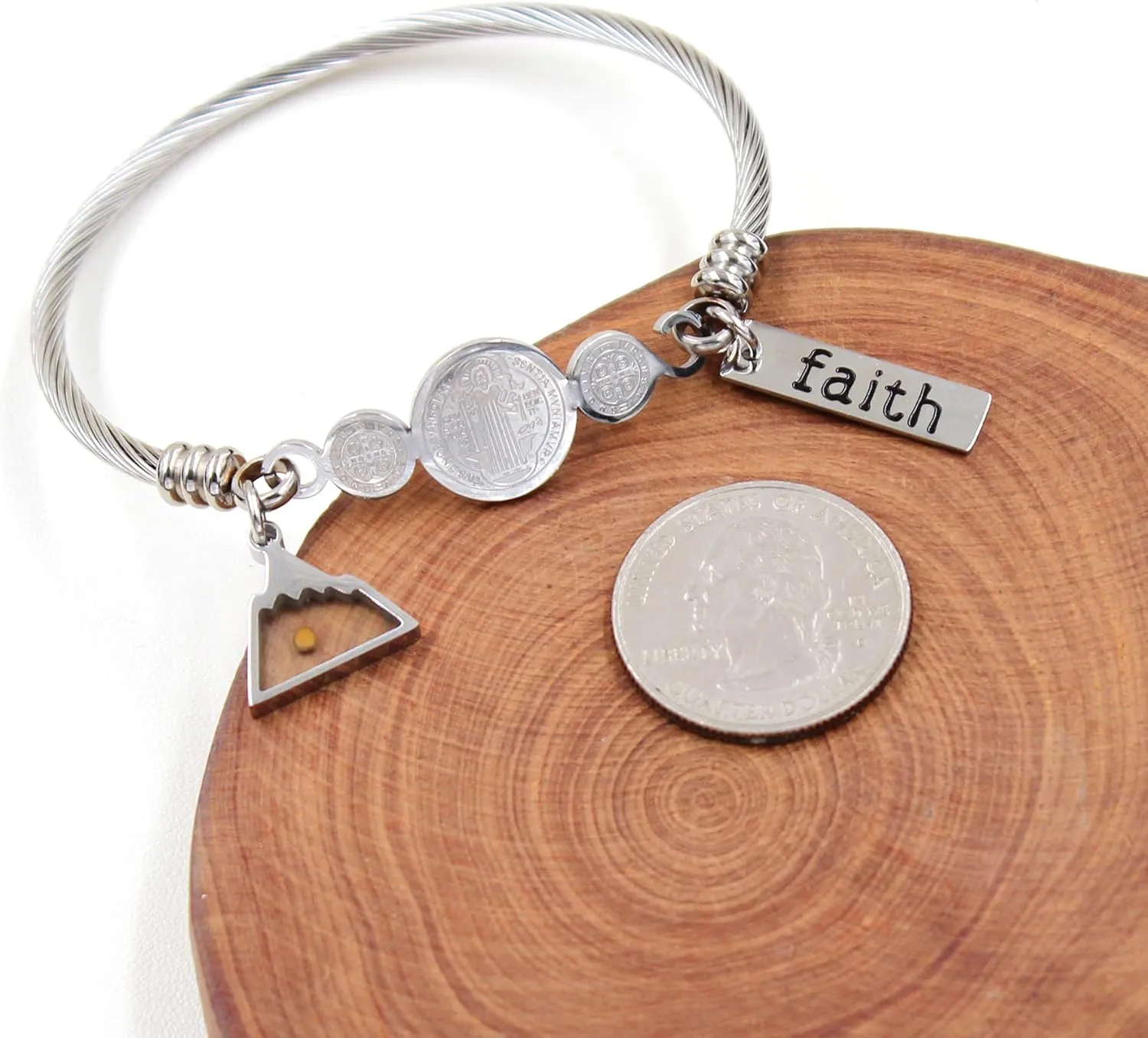 Faith Mustard Seed Jewelry Saint Benedict Medal Bangle Bracelet Stainless Steel CSPB Cross Bracelet Inspirational Christian Religious Gifts