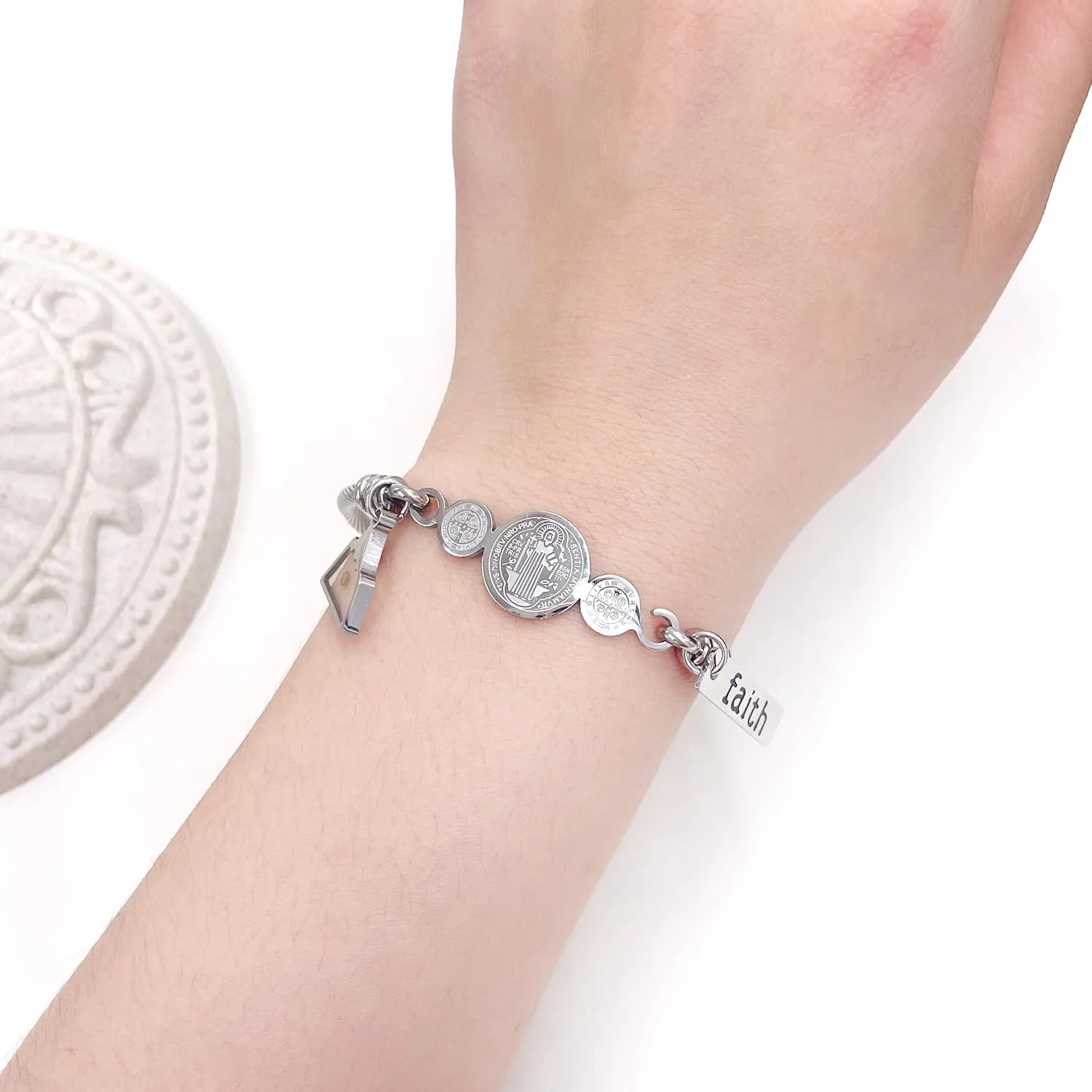 Faith Mustard Seed Jewelry Saint Benedict Medal Bangle Bracelet Stainless Steel CSPB Cross Bracelet Inspirational Christian Religious Gifts