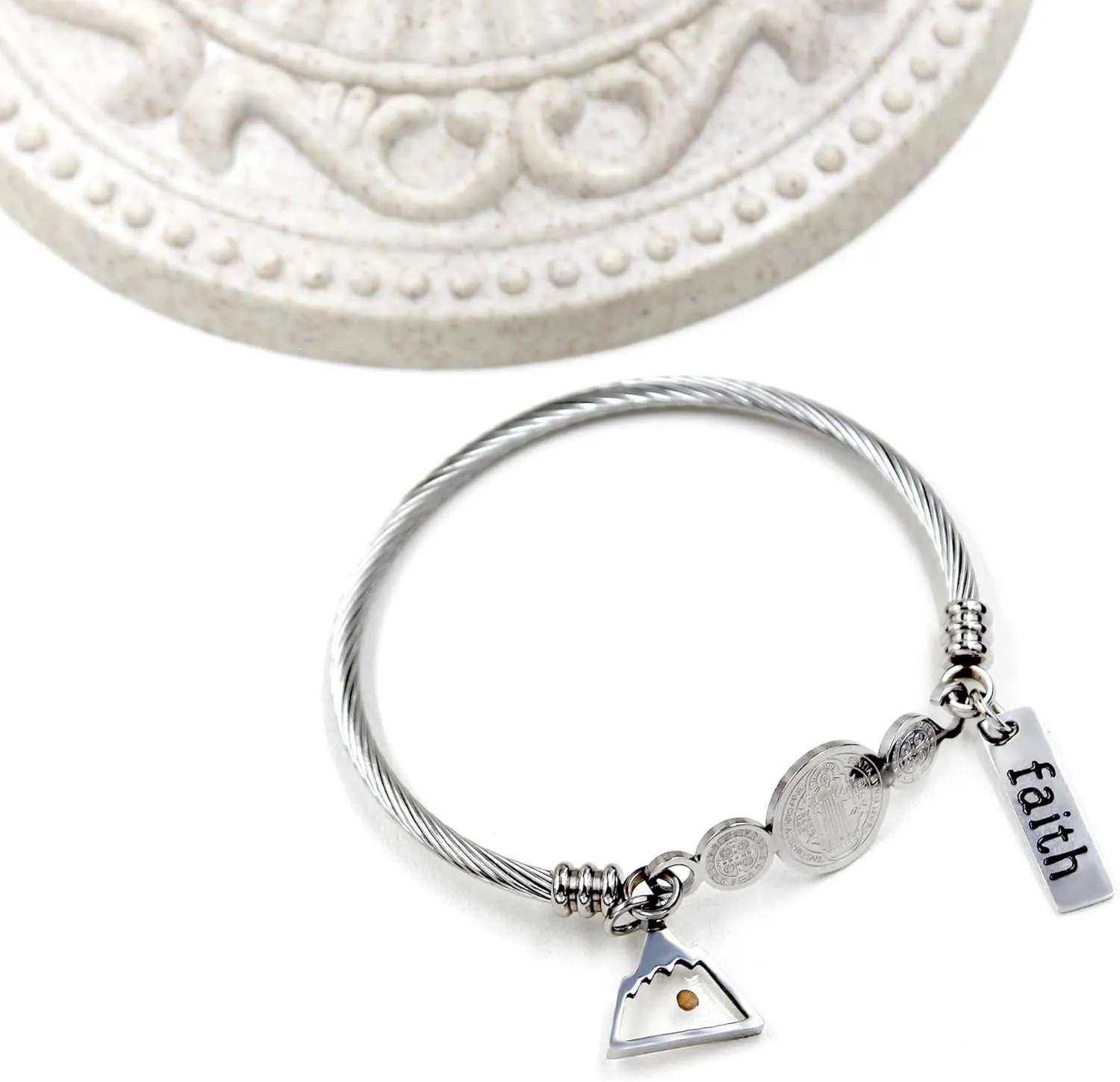 Faith Mustard Seed Jewelry Saint Benedict Medal Bangle Bracelet Stainless Steel CSPB Cross Bracelet Inspirational Christian Religious Gifts