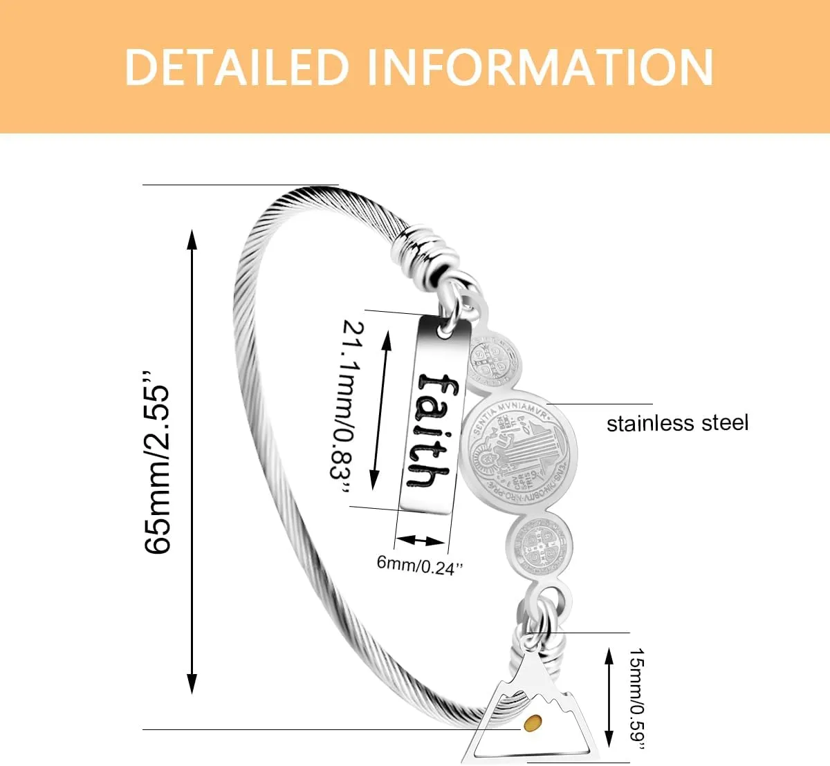 Faith Mustard Seed Jewelry Saint Benedict Medal Bangle Bracelet Stainless Steel CSPB Cross Bracelet Inspirational Christian Religious Gifts