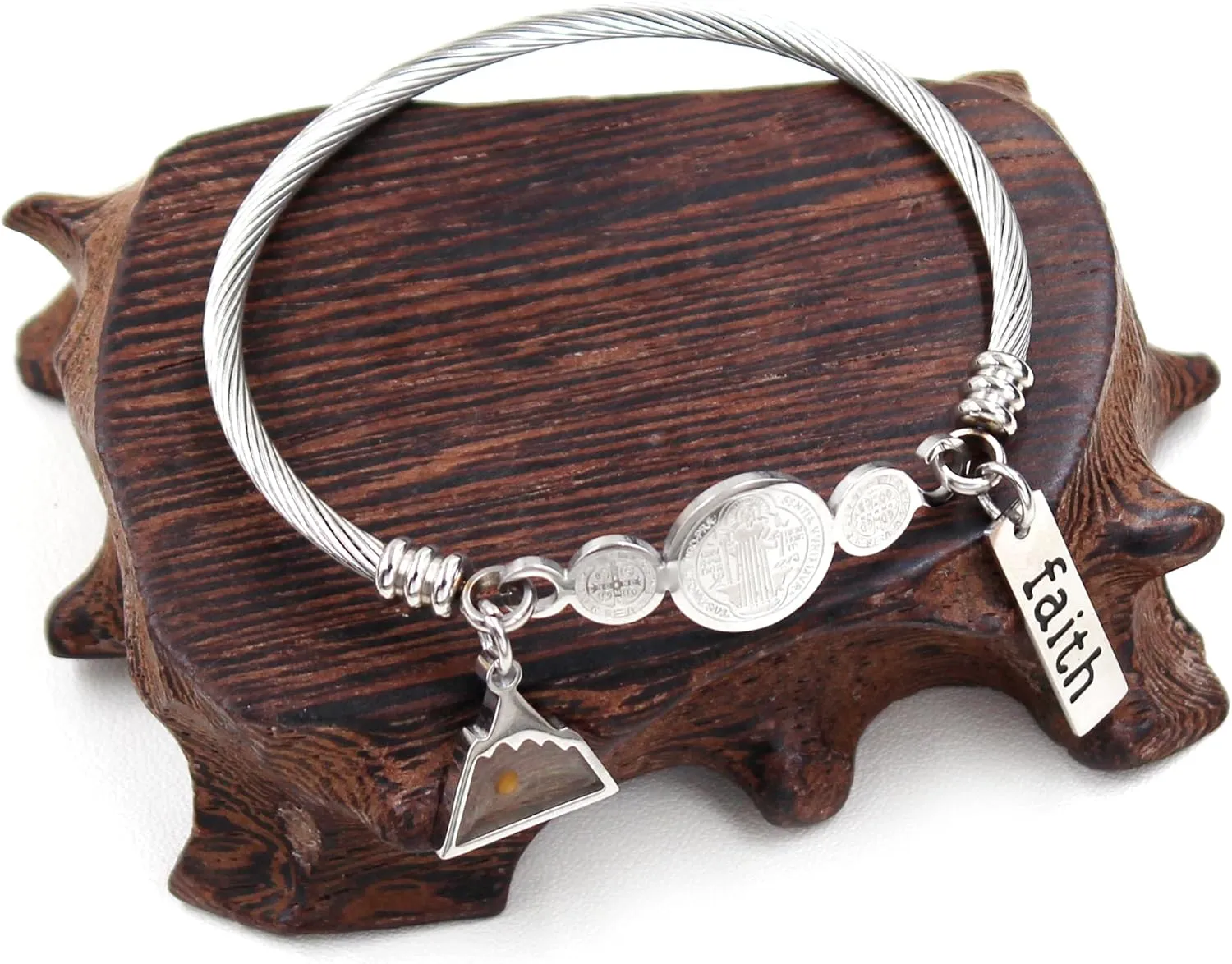 Faith Mustard Seed Jewelry Saint Benedict Medal Bangle Bracelet Stainless Steel CSPB Cross Bracelet Inspirational Christian Religious Gifts