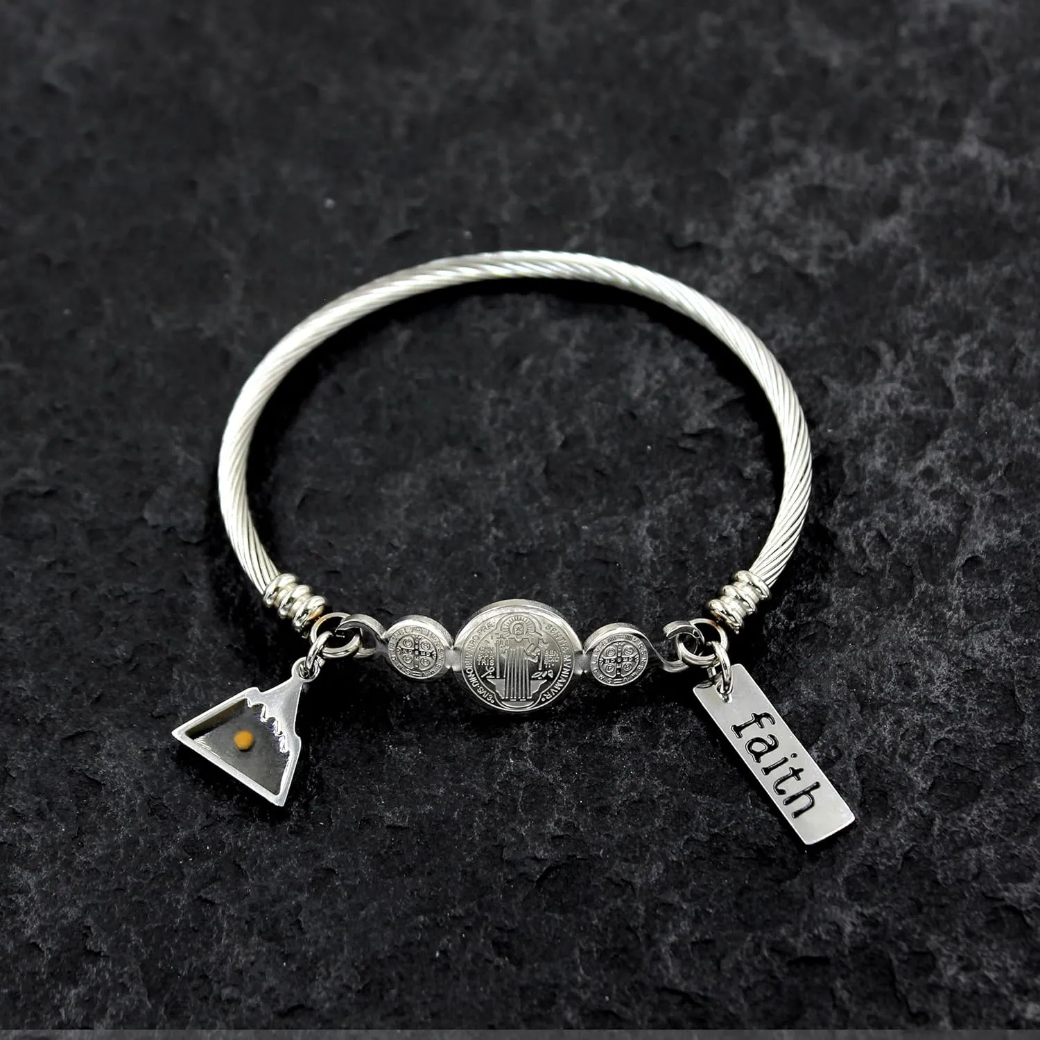 Faith Mustard Seed Jewelry Saint Benedict Medal Bangle Bracelet Stainless Steel CSPB Cross Bracelet Inspirational Christian Religious Gifts