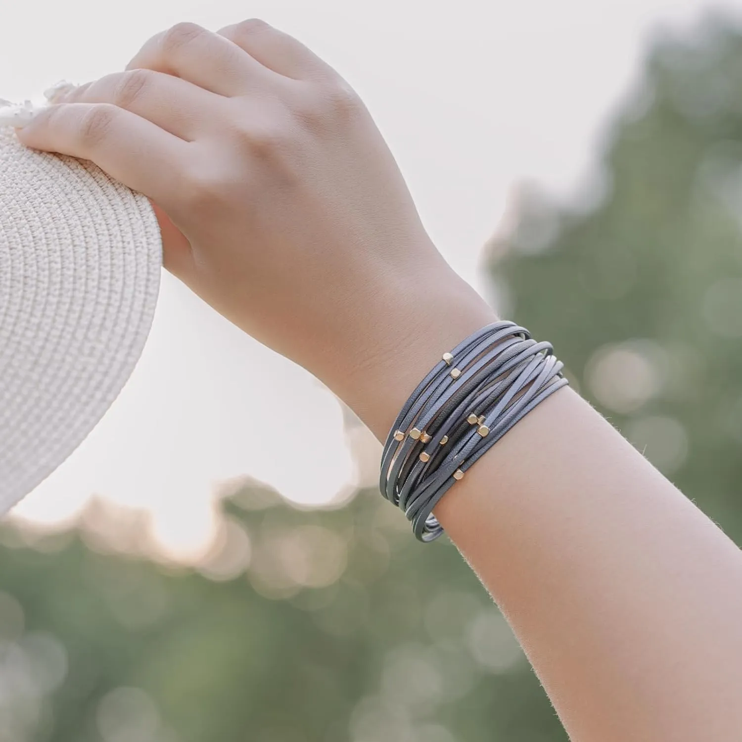 FANCY SHINY Beaded Leather Wrap Bracelets Cute Boho Stackable Bangle Cuff with Magnetic Clasp
